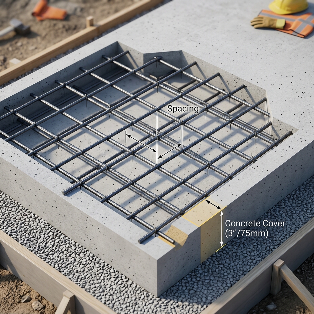A diagram showing a grid of reinforcing steel bars inside a concrete slab, highlighting spacing and concrete cover clearance.